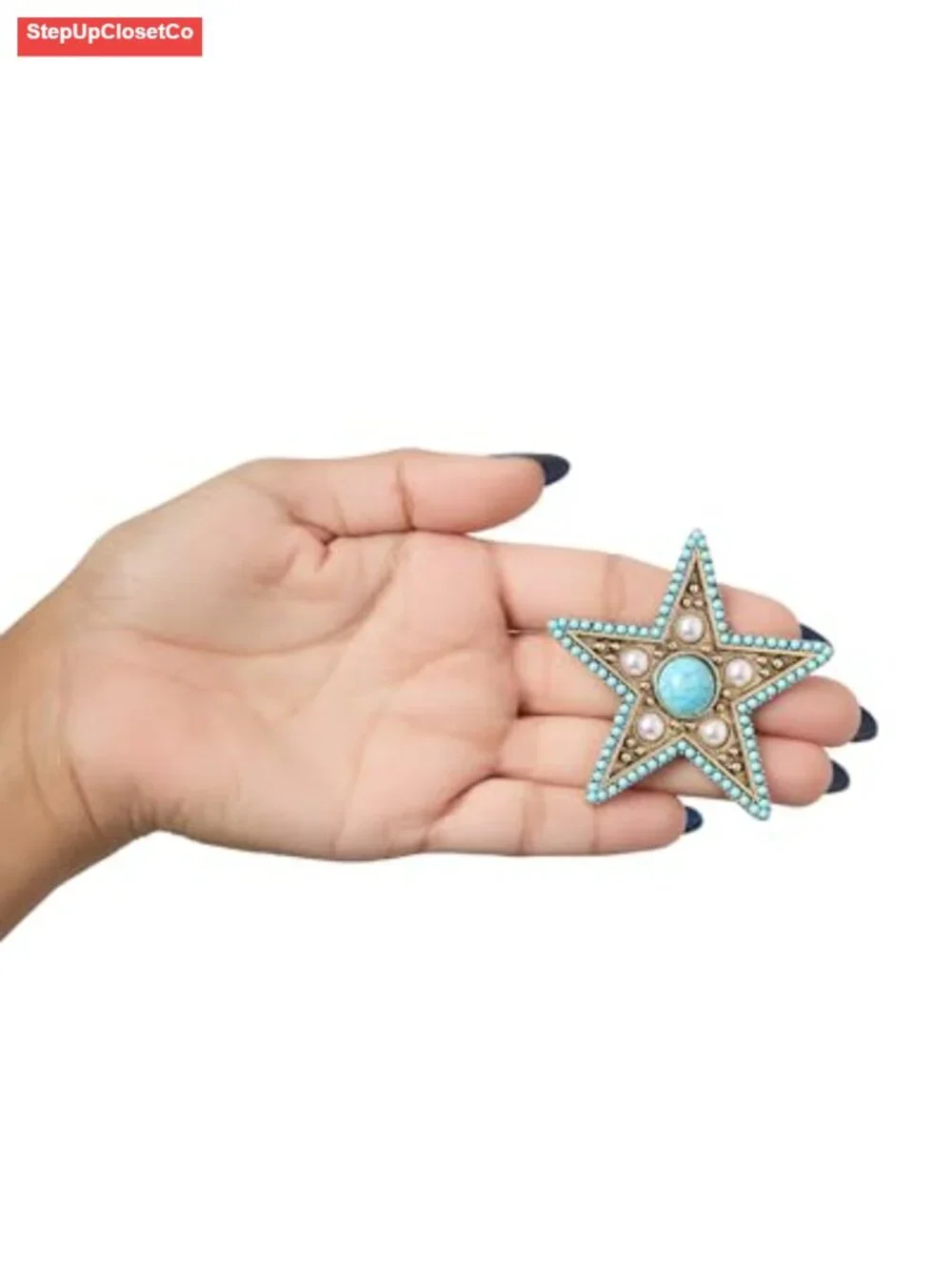 Vintage Western Star Brooch with Faux Pearl & Turquoise Accents for Women